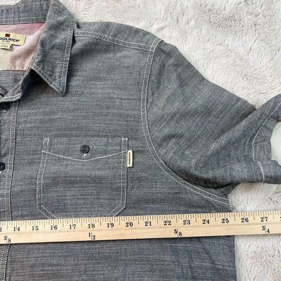 Woolrich Shirt Mens XL Button Up Pockets Textured Chambray Grey Short Sleeve - Picture 5 of 8